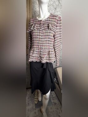 Pink JoplinTweed NWT Peplum Ruffle Jacket Fringe Trim Zip Hidden Placket S Chic
